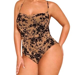 SHEIN Curve Black & Tan Floral Bodysuit 3X